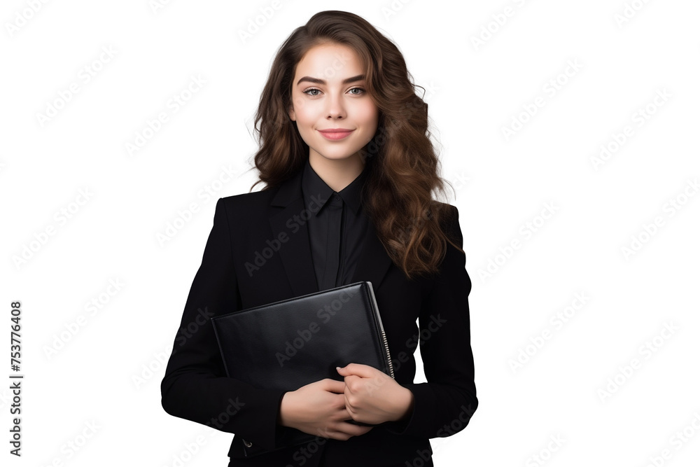 A girl in a black suit with notebooks, isolated on white background A girl in a black suit with notebooks, isolated on white background