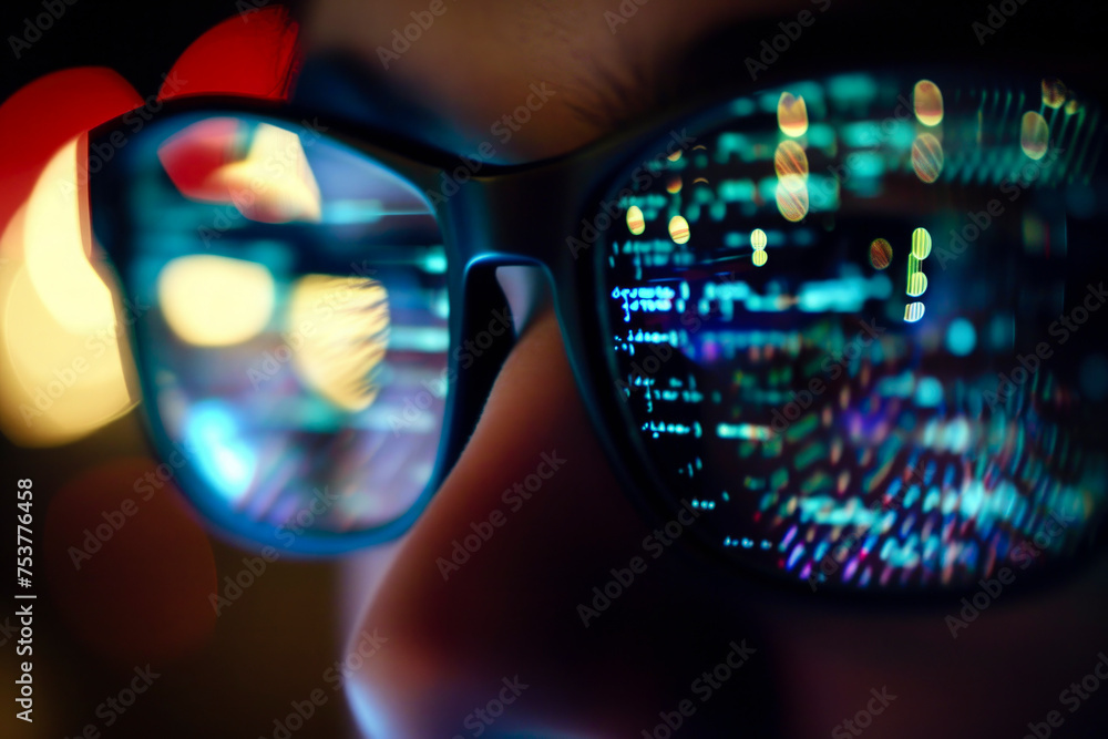 close-up of eyeglasses with a reflection of programming code close-up of eyeglasses with a reflection of programming code