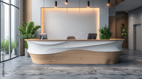 Front view of reception counter  Office reception desk. Generative AI.