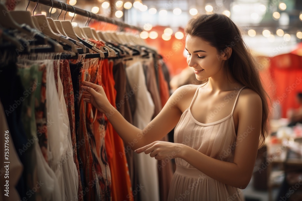Young woman choosing dress hanging on clothes rack at flea market sustainable fashion