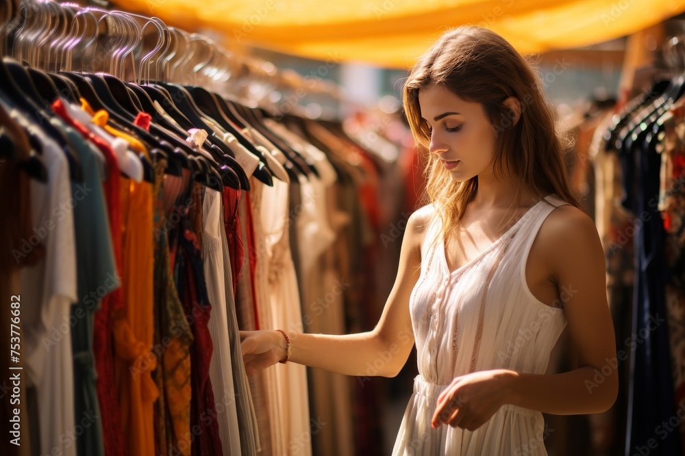 Young woman shopping in a second hand store or flea market sustainable fashion