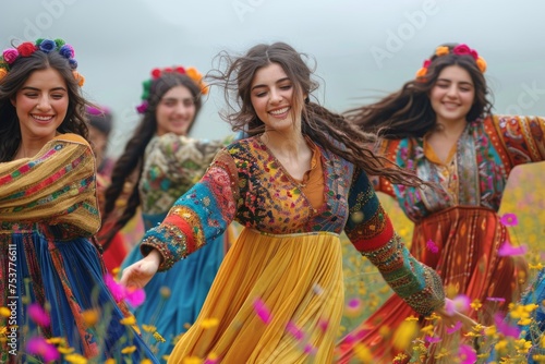 Turkmen women dance in traditional costume at Kov-Ata, Turkmenistan.