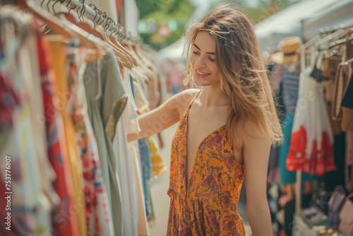 Young woman choosing dress hanging on clothes rack at flea market 
