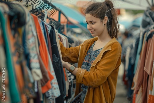 Young woman shopping in a second hand store or flea market sustainable fashion