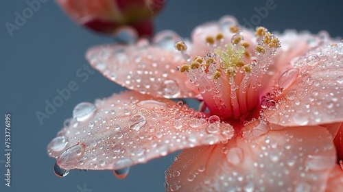a close up of a pink flower with drops of water on the petals and the center of the flower with drops of water on the petals.