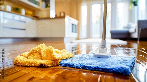 Modern microfiber mop cleaning the house floor, clean wood parquet. Generative AI. photo
