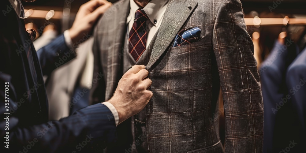 A man is getting dressed in a suit with a blue tie and a blue pocket square