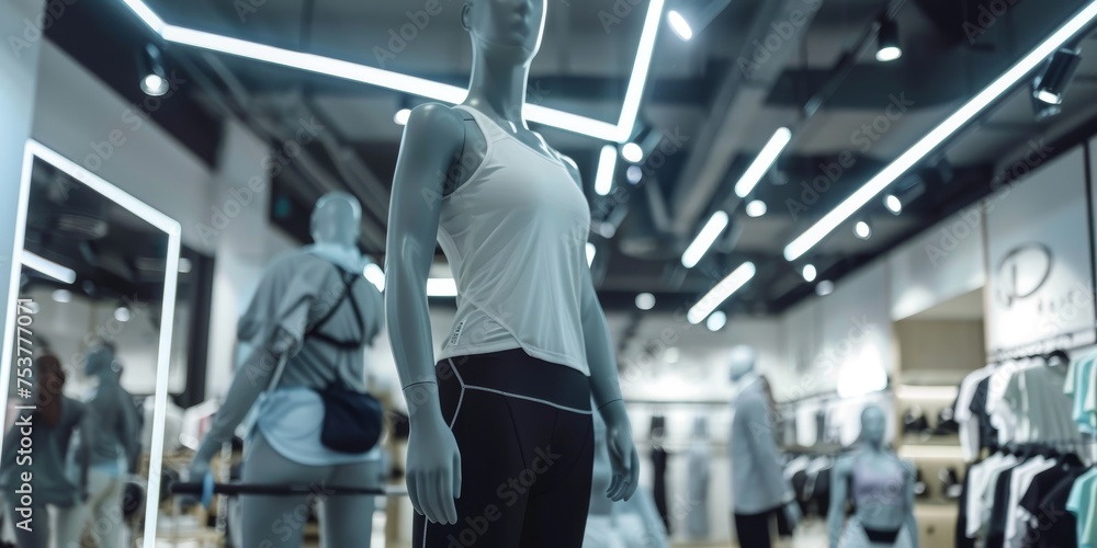 A mannequin is standing in a store with a white tank top on A mannequin is standing in a store with a white tank top on