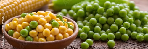 Fresh Corn Kernels, Green Peas, and Red Beans Arranged on Wooden Surface