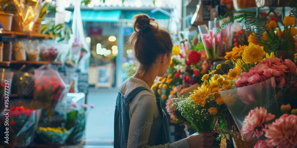 A woman is shopping for flowers in a flower shop - obrazy, fototapety, plakaty 