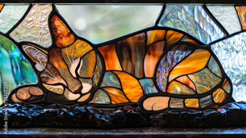 Stained glass of a cat with piercing eyes and majestic demeanor, animal's inherent grace and beauty