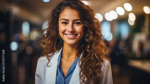 Successful businesswoman standing in creative office and looking at camera while smiling. Portrait of beautiful business woman standing in front of business team at modern agency with copy space.