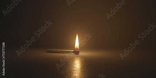 A lit matchstick is on a table in a dark room