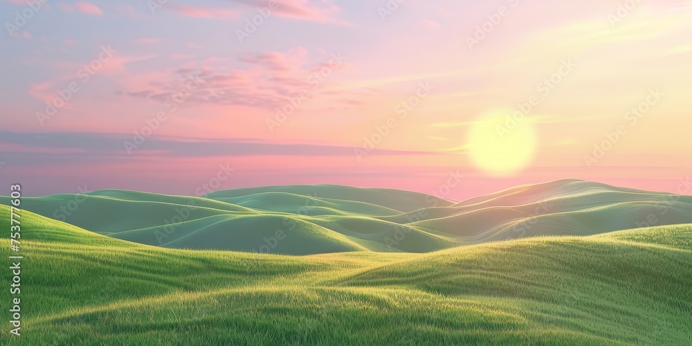 A beautiful, serene landscape with a large sun in the sky