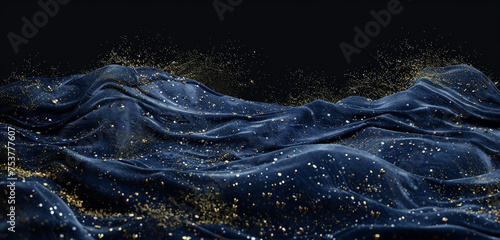 A rich navy blue velvet surface, sprinkled with gold fairy dust, captures a dynamic splash of water, resembling an underwater scene, isolated on a black background