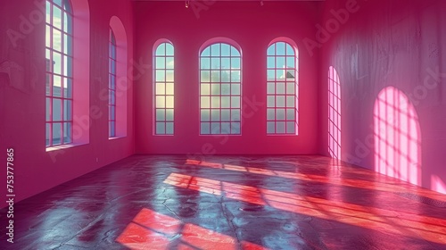 a pink room with three windows and a floor with a red floor and a red wall with three arched windows. photo
