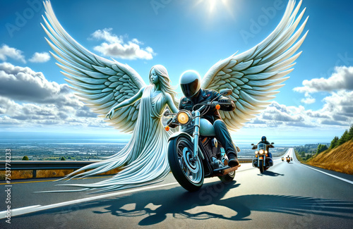 Motorcyclist on the highway with a white guardian angel watching over him photo