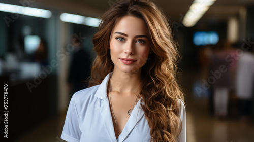 Successful businesswoman standing in creative office and looking at camera while smiling. Portrait of beautiful business woman standing in front of business team at modern agency with copy space.
