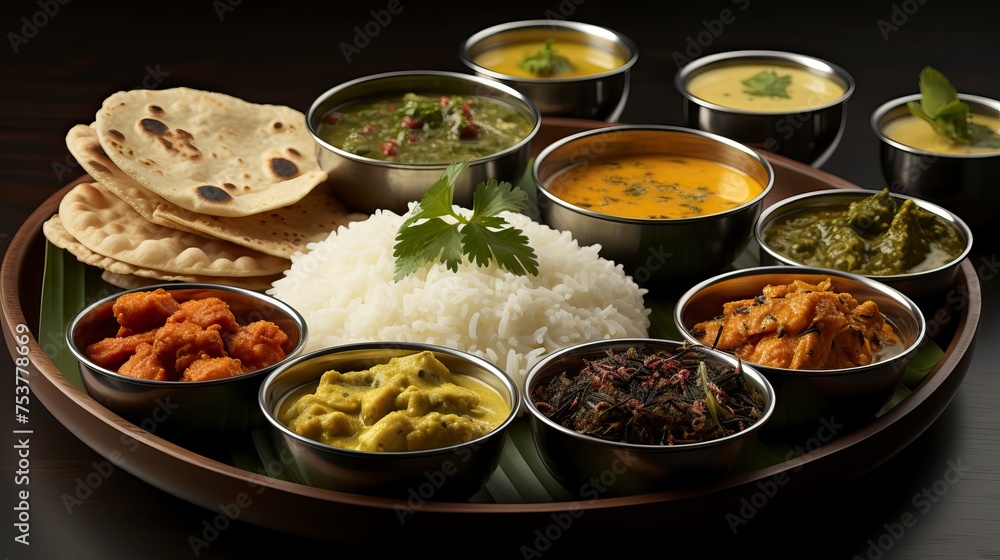 An  indian style dish including a dosa rice and condiments. Food Illustration