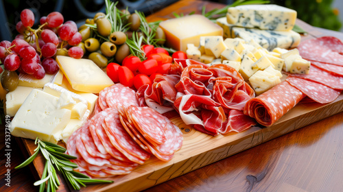 Charcuterie board with sausage, tomatoes, olives, cheese, ham, fruit and herb decoration