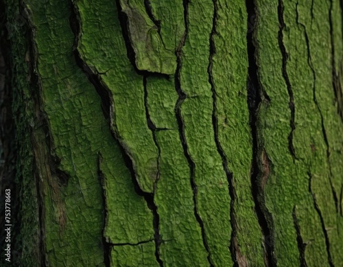 Close-up texture of green moss on tree bark, highlighting natural patterns and details.