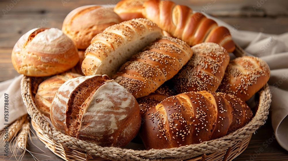 A rustic bread basket filled with assorted bread rolls and slices