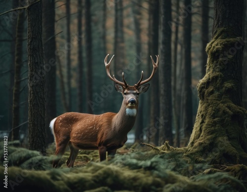 Majestic deer with antlers in a misty forest, standing on moss-covered ground among tall trees.