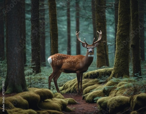 Majestic deer with antlers in a misty forest, standing on moss-covered ground among tall trees.