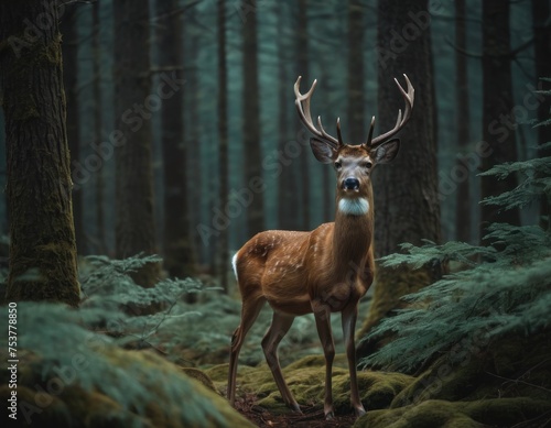Majestic deer with antlers in a misty forest  standing on moss-covered ground among tall trees.