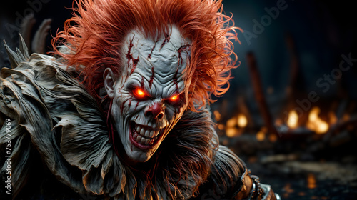 Halloween frightening festivity. Closeup malevolent clown gazing. Generative AI