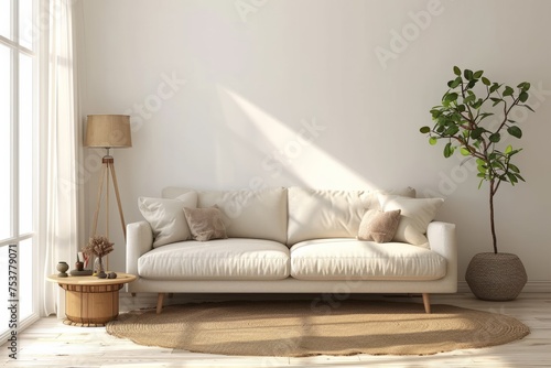 Modern laconic minimalist living room interior in neutral beige colors, with a cozy light sofa, pillows and empty walls with copyspace