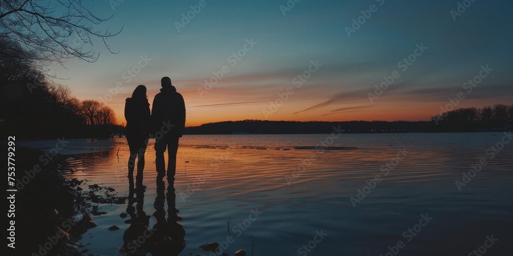 A couple standing on the shore of a lake at sunset