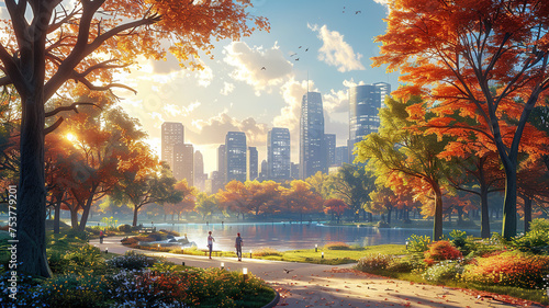 Autumn park with vibrant foliage overlooking a serene lake with city skyline in the background, depicting urban nature harmony. © visual artstock