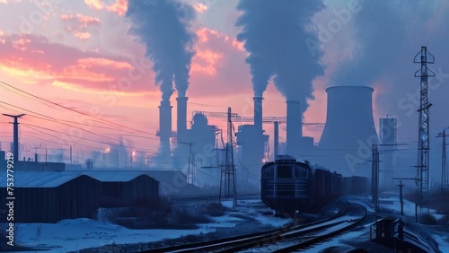 Industrial landscape with power plant and train at sunset  toned