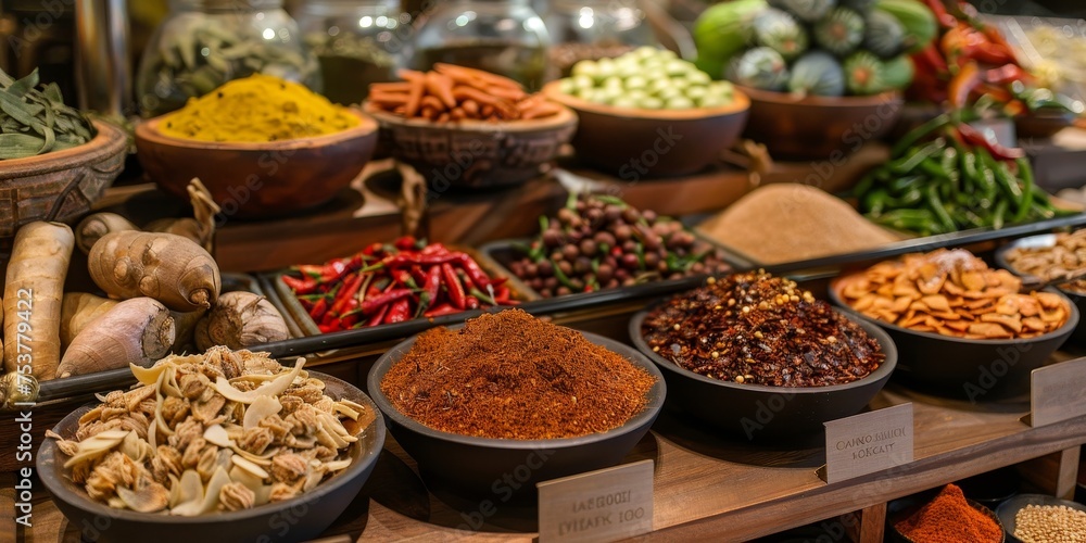 A table full of spices and vegetables