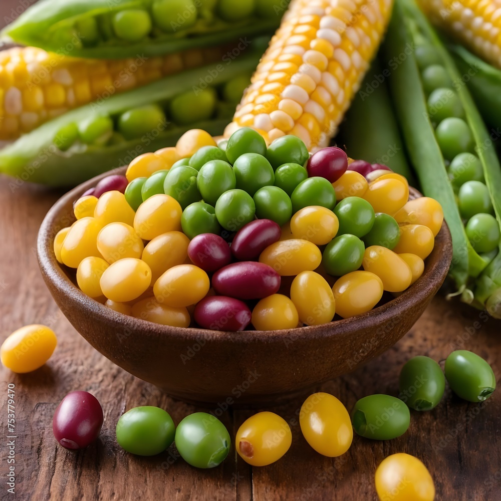 Fresh Corn Kernels, Green Peas, and Red Beans Arranged on Wooden Surface Fresh Corn Kernels, Green Peas, and Red Beans Arranged on Wooden Surface