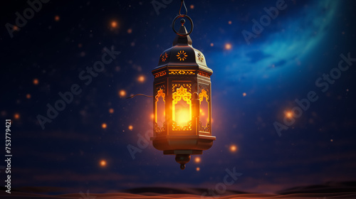 Lantern that have moon symbol on top and small plate of dates fruit with night sky and city bokeh light background for the Muslim feast of the holy month of Ramadan Kareem.