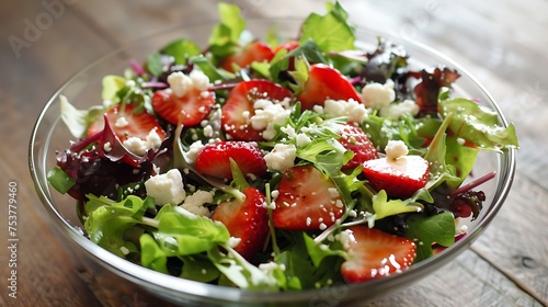 A refreshing summer salad with mixed greens, strawberries, and goat cheese