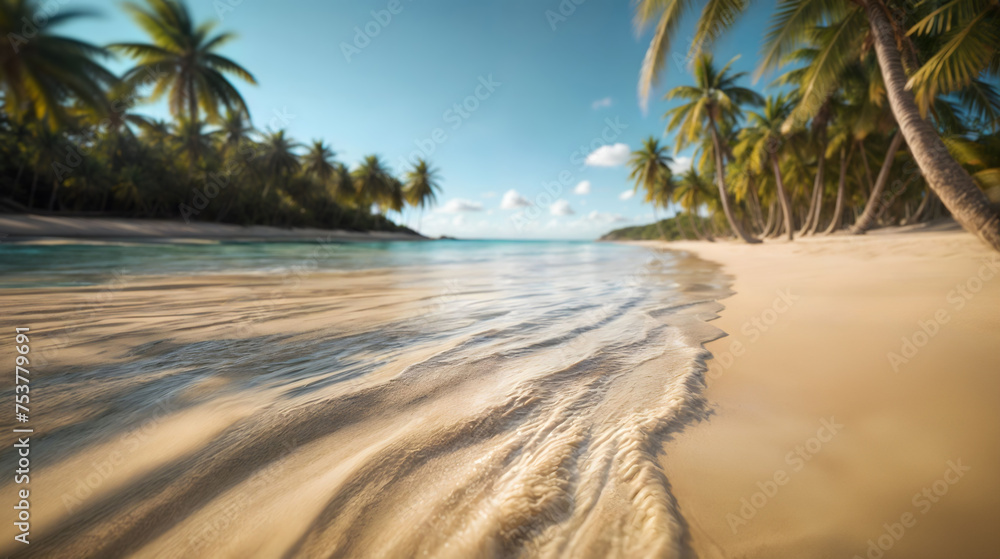 A sandy beach with palm trees against a backdrop of a blue sky. Generative AI