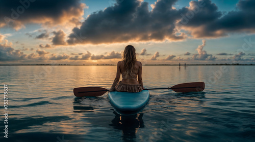 A woman with blonde hair sits atop a surfboard in ocean at sunset. Generative AI