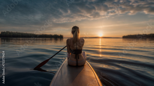 A woman with blonde hair sits atop a surfboard in ocean at sunset. Generative AI © REC Stock Footage