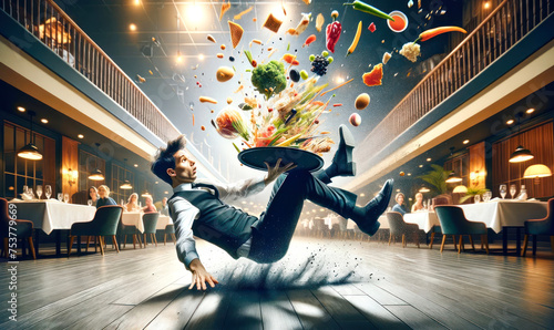 A waiter stumbles and the food and plates fly into the air photo