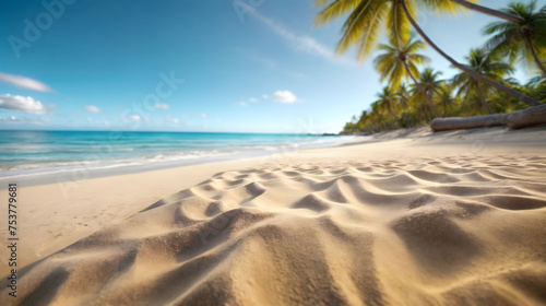 A sandy beach stretches along the coastline with palm trees. Generative AI
