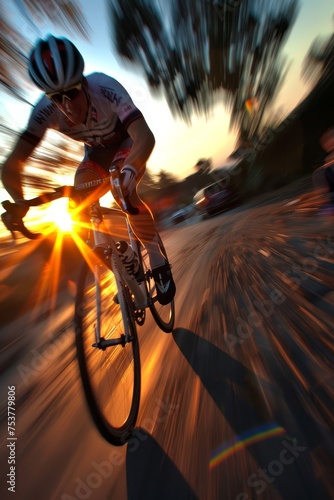 A man is riding a bicycle down a road with the sun shining on him
