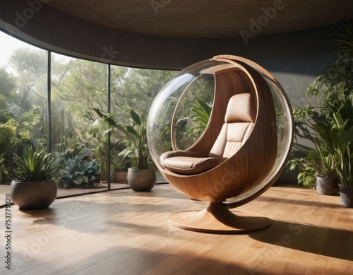 Modern bubble chair in a stylish interior with a lush green garden view through floor-to-ceiling windows.