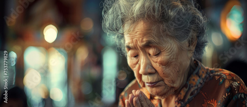 old woman praying in church 
