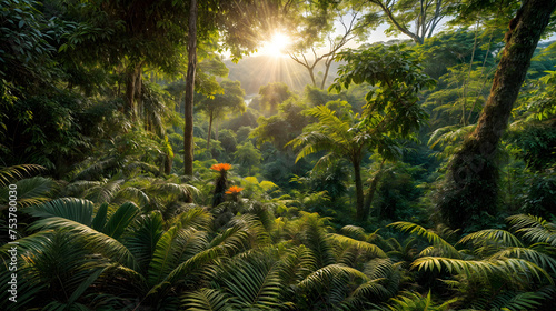 Lush tropical rainforest adorned with abundant foliage. Generative AI