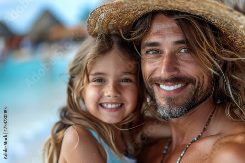 Father and daughter sharing a happy moment at a tropical beach resort setting