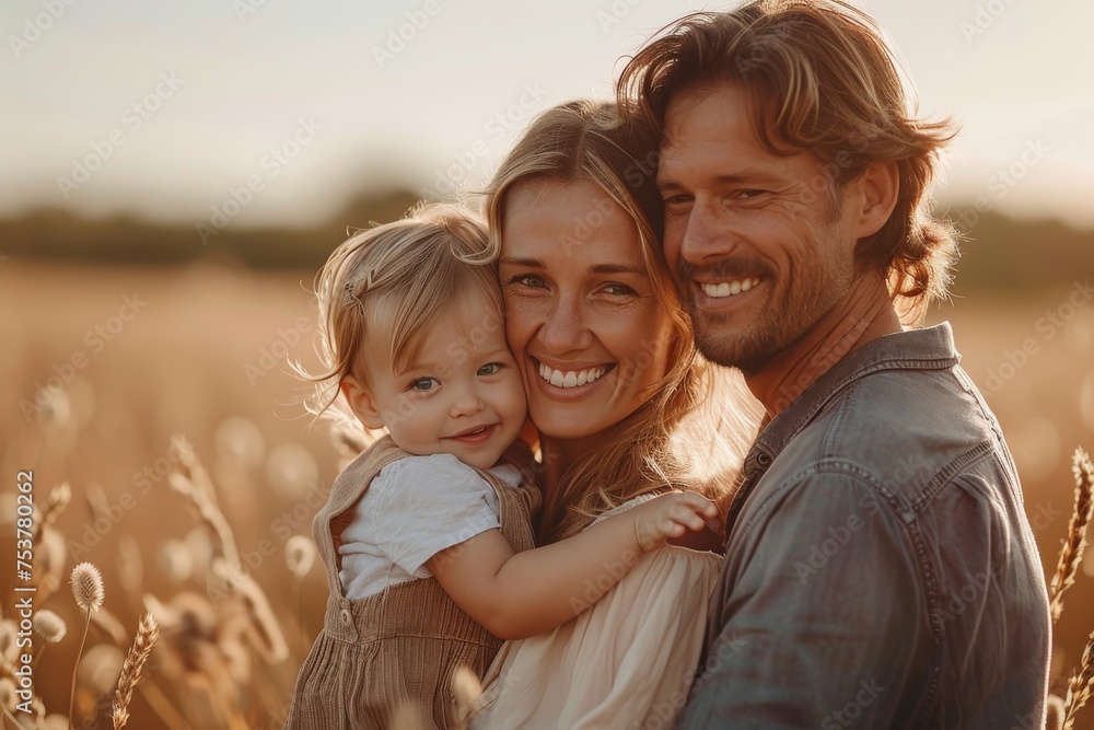 A smiling family portrait with two adults and a toddler in a sunlit golden field during sunset A smiling family portrait with two adults and a toddler in a sunlit golden field during sunset