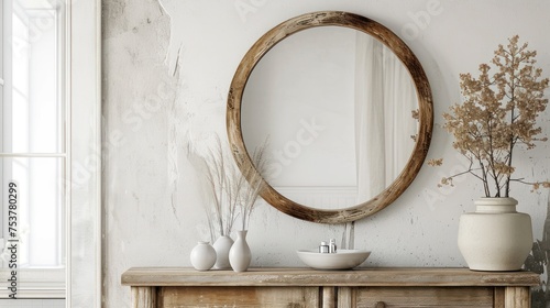 a round mirror on a wall above a wooden table with vases and a white vase on the side of the table and a white vase on the side of the table.
